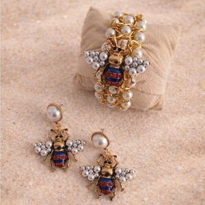 Vintage Honeybee Elegant Gold Pearl Adjustable Elastic Bee Bracelet Earrings